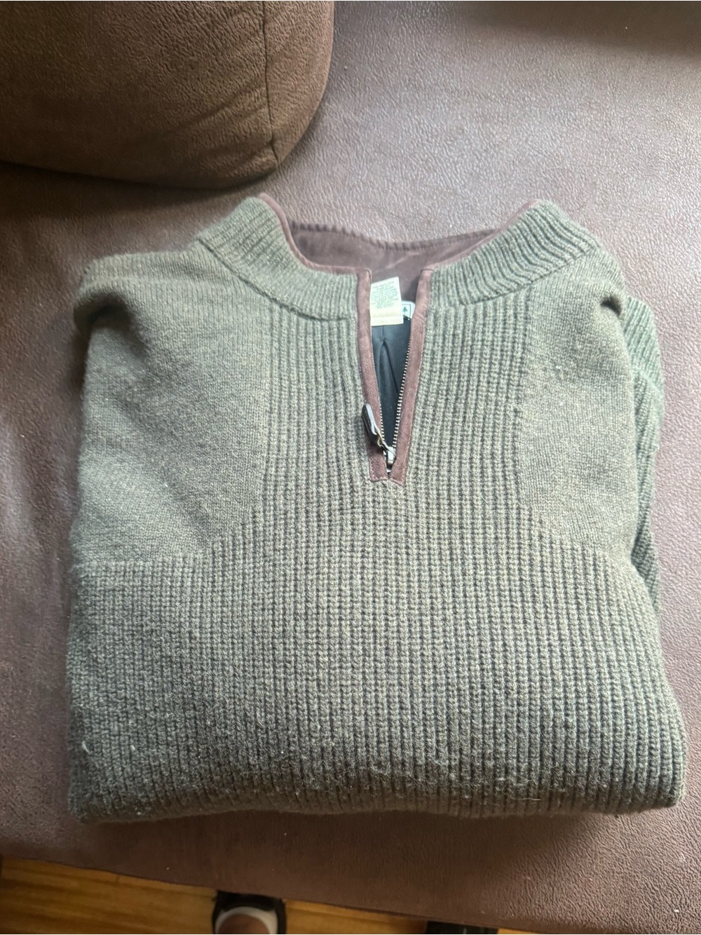 L.L. Bean Olive Green Half-Zip Ribbed Turtleneck Sweater with Brown Trim